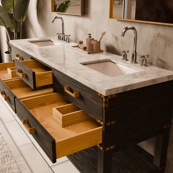 English Elm Black Oak Double Bath Vanity With Carrara Marble Top & Chrome Faucet Set - Stylish Storage Solution! B2731P261049