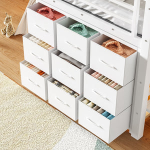 English Elm Twin Metal Low Loft Bed with Storage Stairs Fabric Drawers and Built-in Lights Light White W5305S00044