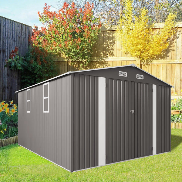 English Elm 10x12ft Galvanized Steel Outdoor Storage Shed with Vented Windows and Lockable Doors W3213S00008
