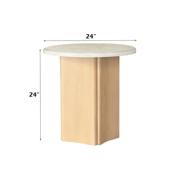 English Elm Qwin Marble Top End Table with Oak Finish — 32mm Marble Surface, Curved Wooden Base, 40lb Capacity B2726S00565