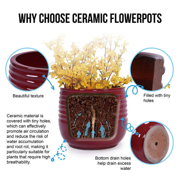 English Elm 3 Elegant Ceramic Flowerpots Set - Handcrafted Modern Planters For Patio, Garden & Windowsills W3273P321467