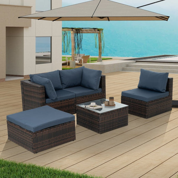 English Elm Patio 5-Piece Wicker Furniture Set With Comfortable Cushions & Glass Coffee Table For Outdoor Relaxation W1703S00021-GIGA