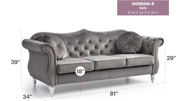 English Elm Hollywood Velvet Tufted Sofa with Nailhead Trim, Pocketed Coil Cushions, Hardwood Frame Elegance Dark Gray 25 L x 24 W x 39 H B078S00125