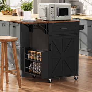 English Elm K&k Farmhouse Rolling Kitchen Cart with Drop Leaf Drawer Open Rack Lockable Wheels Black N707P404539B