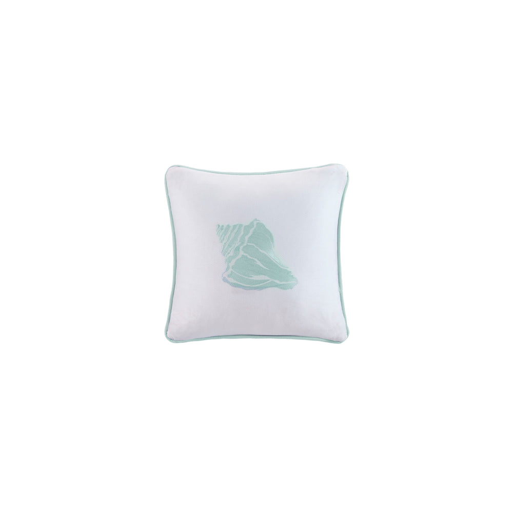 English Elm Square Pillow Ivory 16x16" Coastline Aqua Embroidered Conch Shell Coral Motif 100% Cotton Jacquard B03595804