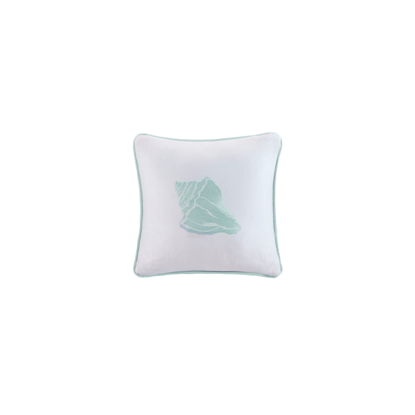 English Elm Square Pillow Ivory 16x16" Coastline Aqua Embroidered Conch Shell Coral Motif 100% Cotton Jacquard B03595804