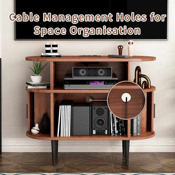 English Elm Large Mid Century Walnut Turntable Stand with Vinyl Storage and Built in Usb Charging W2641P442531