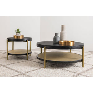 English Elm Benson Round Coffee Table with Rattan Shelf Brass Legs and Bold Matte Finish Black B062P440113