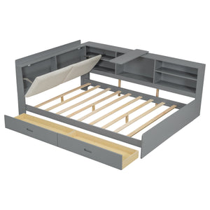 English Elm Wood Full Size platform bed with storage headboard, built-in shelves and drawers, sturdy pine frame, compact solution for small rooms Gray GX002054AAE