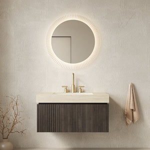 English Elm Muri Floating Bathroom Vanity Plywood Cabinet Travertine Stone Top Espresso W2615S00614
