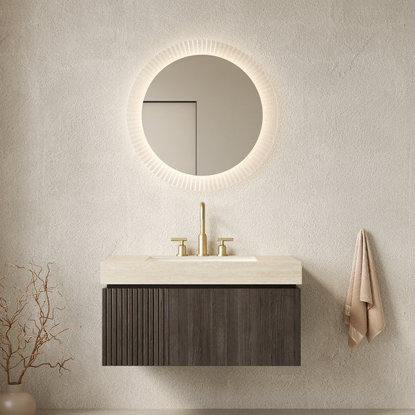 English Elm Muri Floating Bathroom Vanity Plywood Cabinet Travertine Stone Top Espresso W2615S00614