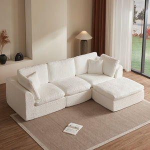 English Elm 110" Cloud Sectional Sofa Modular L-Shape with Ottoman, Chenille Fabric, Deep Seats, 7 Pillows Included White W1359S00017