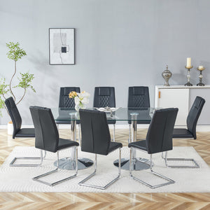 English Elm Table and Chair Set Tempered Glass Top Seats Eight with Pu Leather Dining Chairs Black,Silver,Transparent W1151S04549