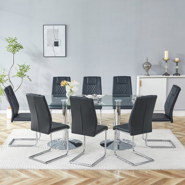 English Elm Table and Chair Set Tempered Glass Top Seats Eight with Pu Leather Dining Chairs Black,Silver,Transparent W1151S04549