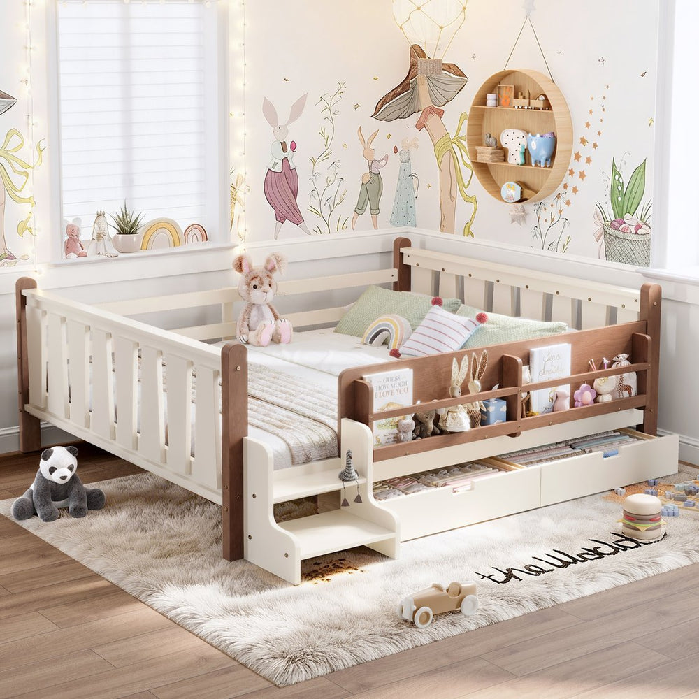 English Elm Queen Bunk Bed with Trundle Solid Pine Kids Car Themed Frame Built-in Bookshelf Beige W1580S00542