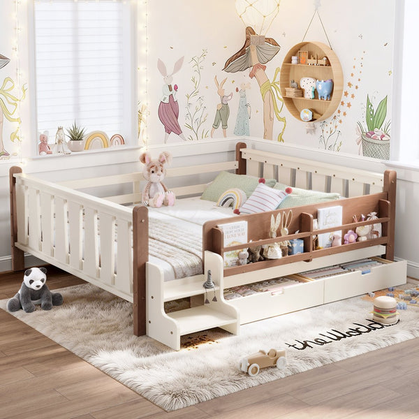 English Elm Queen Bunk Bed with Trundle Solid Pine Kids Car Themed Frame Built-in Bookshelf Beige W1580S00542