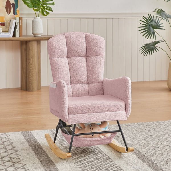 English Elm Beige Plush Teddy Fabric Rocking Chair High Back Armchair for Nursery or Reading Nook Pink W3985P386791
