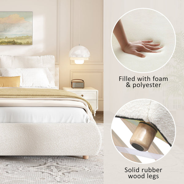 English Elm Christopher Knight Home® - Queen Size Upholstered Platform Bed In White Boucle Fabric With Adjustable Pillow Headboard Style N757Q246141W-1