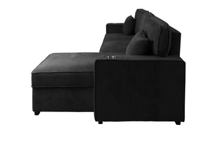 English Elm Contemporary Black Corduroy Sectional with Usb Charging Storage Chaise Sleeper Sofa B011S02176