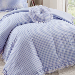 English Elm 3-piece Cottage Gingham Comforter Set with Ruffle Trim and Round Throw Pillow Blue B035P463185