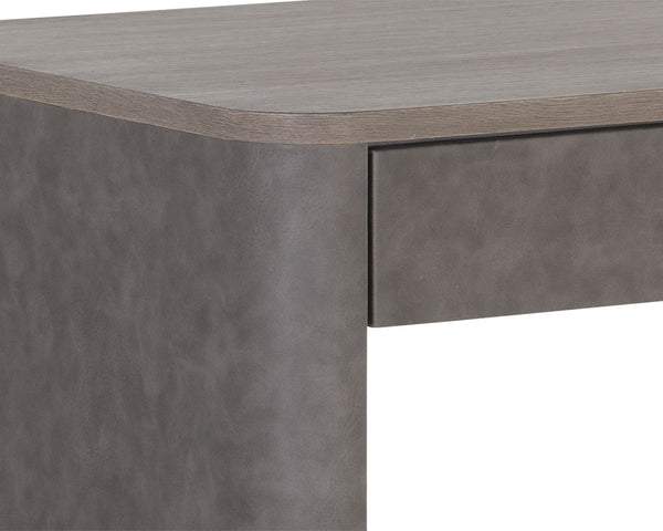 Sunpan Altman Retro-Inspired Desk with Soft-Closing Drawers and Dark Grey Oak Veneer Top for Stylish Offices