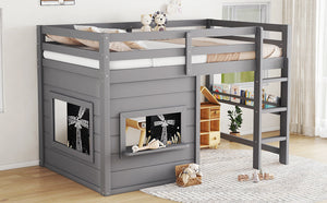 English Elm Twin Loft Bed House Frame with Sliding Chalkboard Built-in Bookshelf and Safety Rails Gray W1580S00320