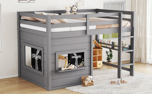 English Elm Twin Loft Bed House Frame with Sliding Chalkboard Built-in Bookshelf and Safety Rails Gray W1580S00320
