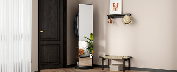 English Elm 360° Swivel Full Length Mirror with Coat Hooks Solid Rubberwood Frame Bedroom Entryway W2987P225480