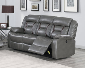 English Elm Modern Gray Gel Leatherette Power Reclining Sofa with Adjustable Headrest Pillow Arms B011P467548