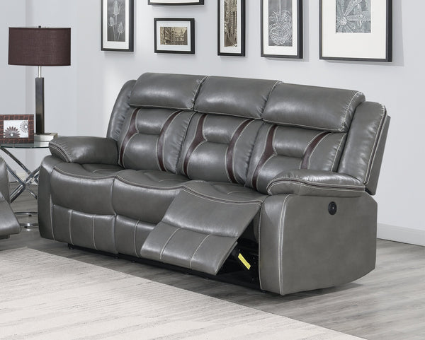 English Elm Modern Gray Gel Leatherette Power Reclining Sofa with Adjustable Headrest Pillow Arms B011P467548