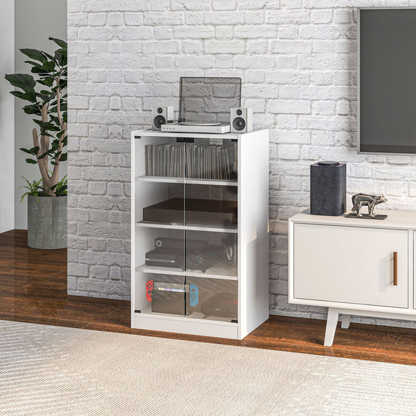 English Elm HOMCOM 4-Tier Media Cabinet with Tempered Glass Doors, Adjustable Shelves, Cable Management, Sleek AV Storage White W2225P200450