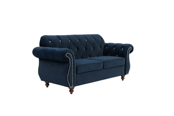English Elm Formal Crystal-Tufted Velvet Loveseat with Rolled Arms and Silver Nailhead Trim for Elegant Living Rooms Indigo 59 L x 32 W x 19 H B011S01695