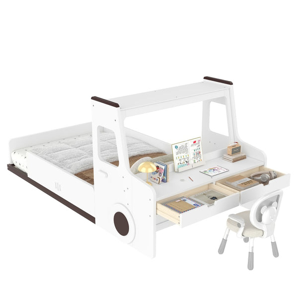 English Elm Twin Car Shaped Floor Bed with Storage Drawers and Built in Desk for Kids W1580P396323