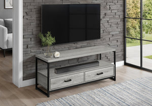 English Elm Tv Stand 48 Inch Console Media Center with Black Metal Frame, Two Drawers & Open Shelves for Compact Living Spaces Grey 52 L x 18 W x 7 H B2710P221333