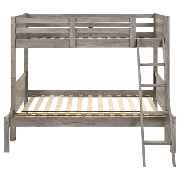 English Elm Brenton Twin-Over-Twin Bunk Bed with Ladder and Slatted Rails, Solid Rubberwood Farmhouse Style Retreat Brown B062S01006