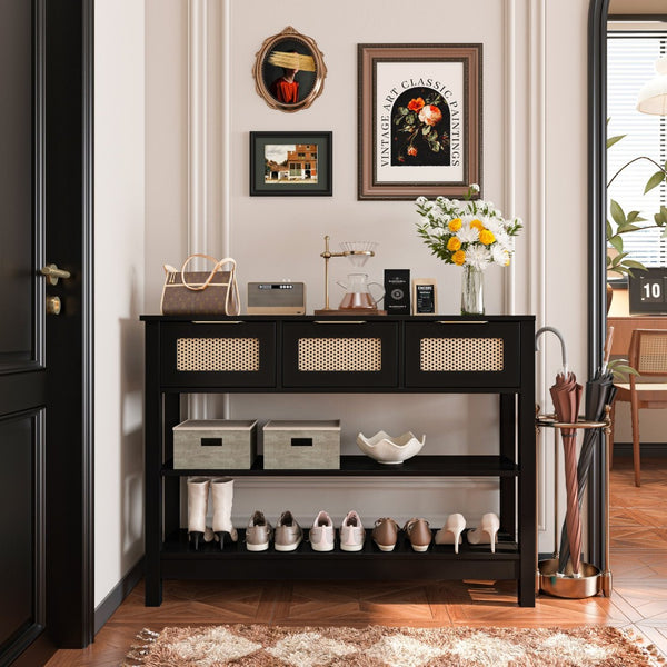 English Elm 43.3" Farmhouse Console Table Rattan Drawer Fronts Open Shelving Entryway Storage Black T3210P426419