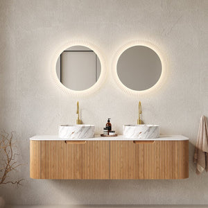 English Elm Dina 60" Wall-Mounted Bathroom Vanity With 2 Ceramic Sinks, Natural Woodgrain Finish & Ample Storage W2615S00493