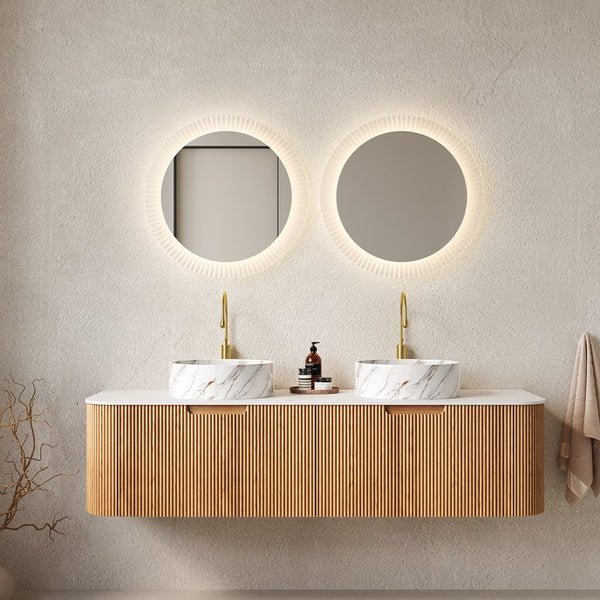 English Elm Dina 60" Wall-Mounted Bathroom Vanity With 2 Ceramic Sinks, Natural Woodgrain Finish & Ample Storage W2615S00493