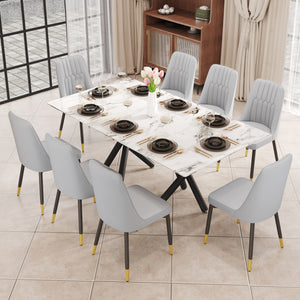 Hearth and Haven Aiden 9-Piece Dining Set with Rectangular Table and 8 Upholstered PU Chairs, Light Grey and White W1151S00975