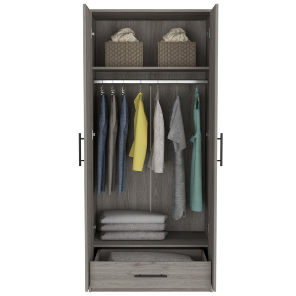 English Elm Armoire, Spacious Engineered Wood Wardrobe with Two Drawers, Hanging Rod and Hidden Storage Appeal Gray 74.8 L x 24.41 W x 4.33 H B097S00153