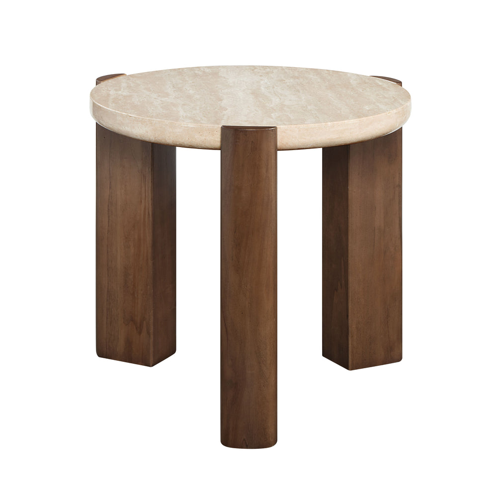 English Elm Leonardo Contemporary Travertine Top End Table with Dark Oak Veneer Base, 50mm Thick Cream Top, 70lb Capacity B2726P316900