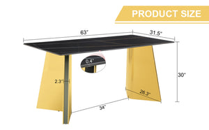 English Elm 63"x31.5x30" Marble Slab Rectangular Dining Table with Sculptural Butterfly Stainless Legs Black,Gold W1151S04617