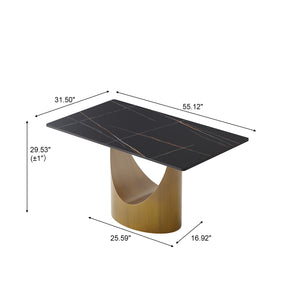 English Elm 55.12"Modern Sintered Stone Dining Table with Bronze Iron Legs — Sleek Rectangular Top, Seats 6, 400 lb Capacity Antique Brass,Black W1535S00555