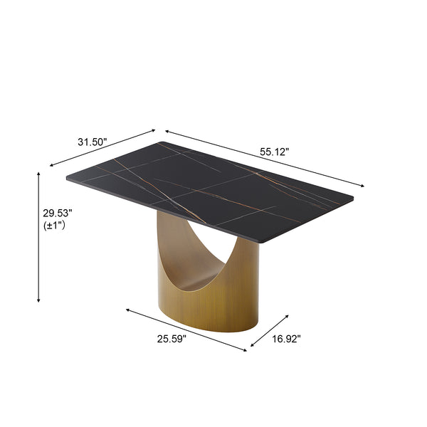 English Elm 55.12"Modern Sintered Stone Dining Table with Bronze Iron Legs — Sleek Rectangular Top, Seats 6, 400 lb Capacity Antique Brass,Black W1535S00555