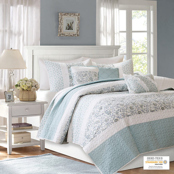 English Elm 6 Madison Park Dawn Cotton Percale Reversible Quilt Set with Paisley Pintuck, Lace Trim, Pillows, Full/Queen Aqua 17.72 L x 22.83 W x 8.66 H B035129022