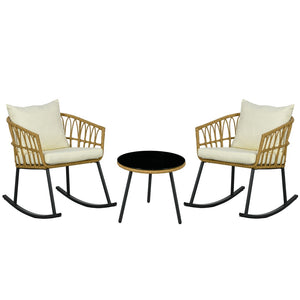 English Elm Outsunny 3-Piece Outdoor Bistro Set With Rocking Chairs & Glass Table, Cream Cushions, Durable Rattan W2225P200380-GIGA