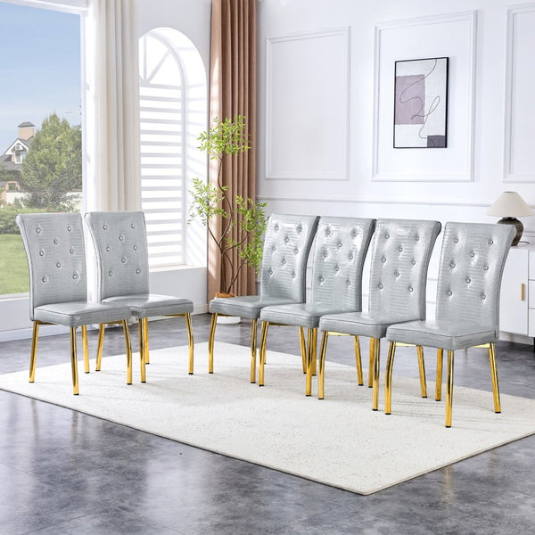 English Elm A Set of 2 Crystal Button Faux Leather Dining Chairs with Embossed Croc Texture Gold,Gray W3226P340256