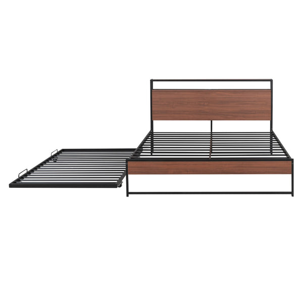 English Elm Queen Steel Platform Bed with Trundle Headboard Shelves and Built-in Usb Charging N708P477431B