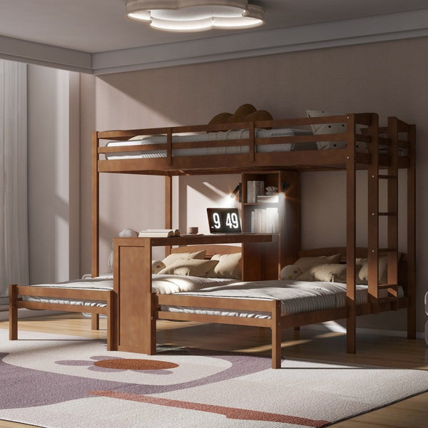 English Elm Twin Triple Bunk Bed with Built in Desk Open Shelving and Led Task Lighting Natural N7090002243N