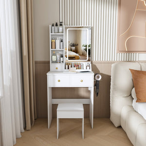 English Elm Modern Vanity Desk with Led Mirror 3 Drawers Built-in Outlet and Matching Chair White W509P465832